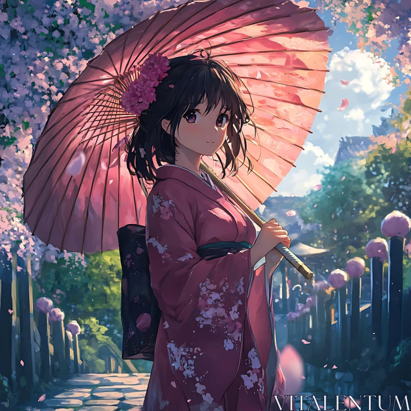 Traditional Japanese Anime Scene with Cherry Blossoms AI Image