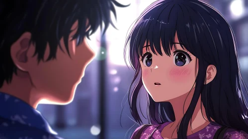 Anime Romance: Blushing Girl and Boy Close Up