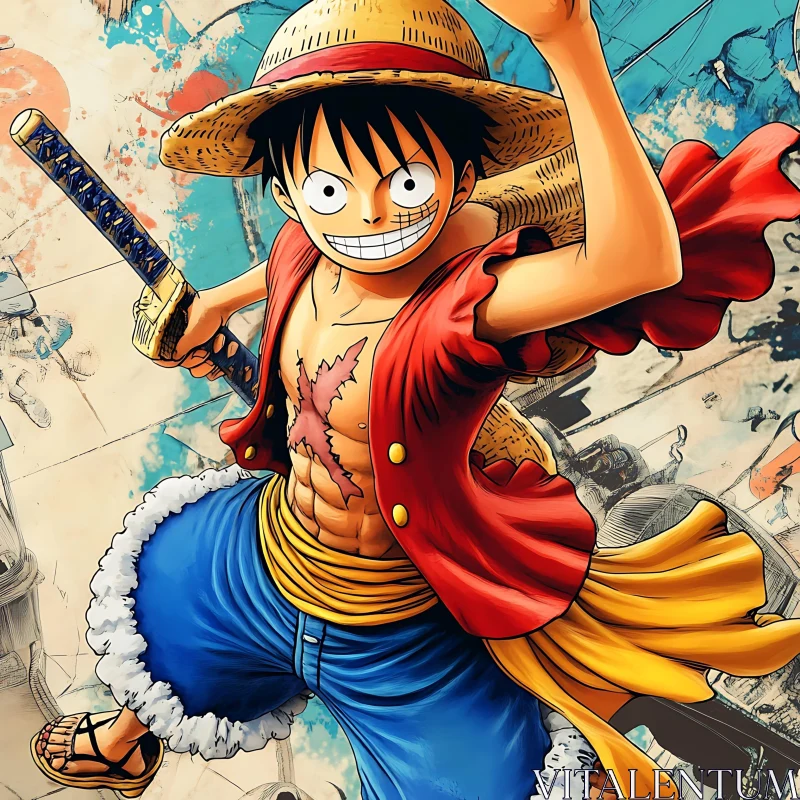 Dynamic Anime Pirate with Straw Hat AI Image