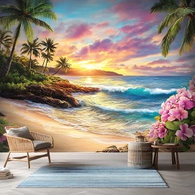 Seaside Sunset with Palm Trees and Flowers