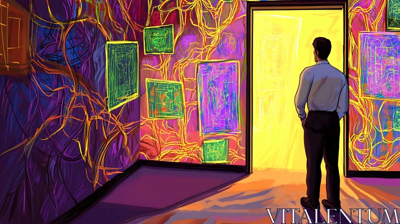 AI ART Contemplation in Color: Man in Art Gallery