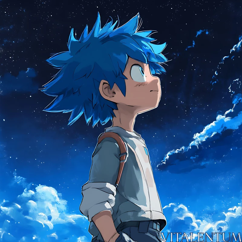 Anime Child with Blue Hair and Night Sky Background AI Image