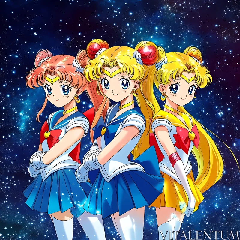 Anime Trio in Space with Starry Backdrop AI Image