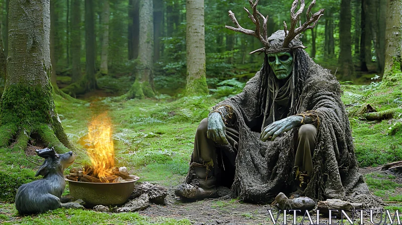 Mystical Forest Creature by Fire AI Image