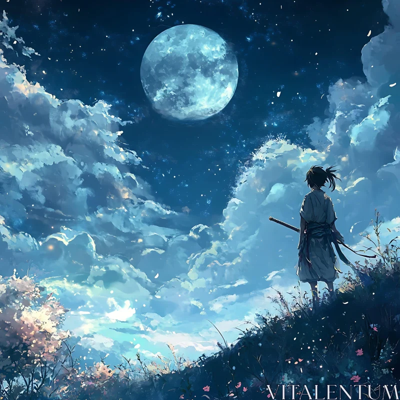 Anime Character Under Moonlit Sky AI Image