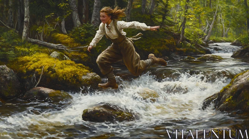AI ART Woman Crossing Stream in the Woods