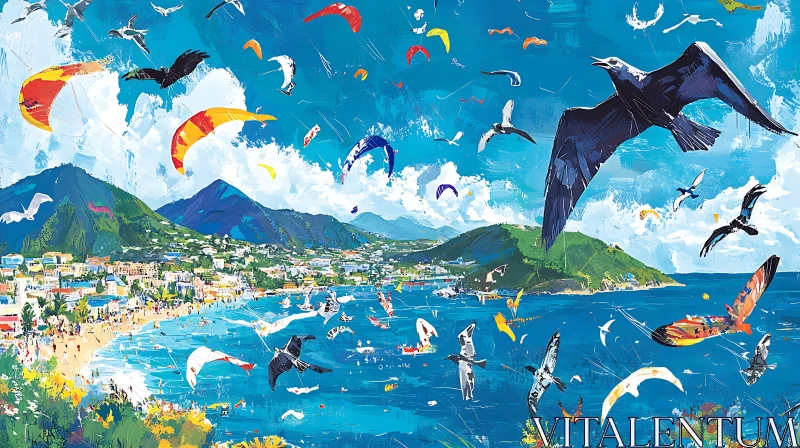 AI ART Seaside Scene with Birds and Kites