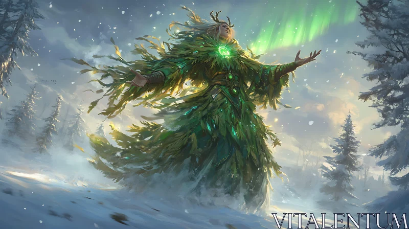 Mystical Forest Elf in Winter Landscape AI Image