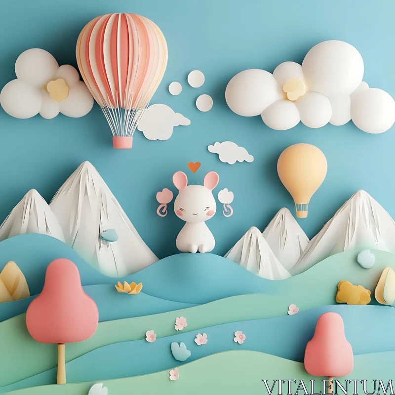 Pastel Cartoon Landscape with Bunny AI Image