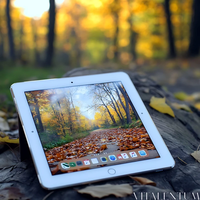 Autumn Forest Scene on Tablet in the Woods AI Image