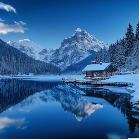 Snowy Mountain Lake Cabin Reflection Art