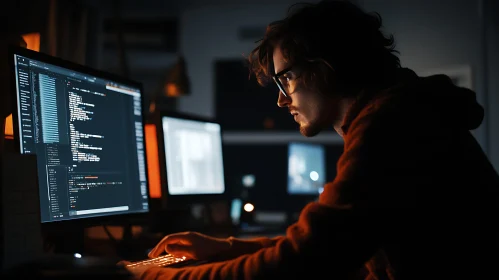 Man Coding in Dark Room