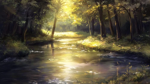 Serene Creek in Sunlit Forest