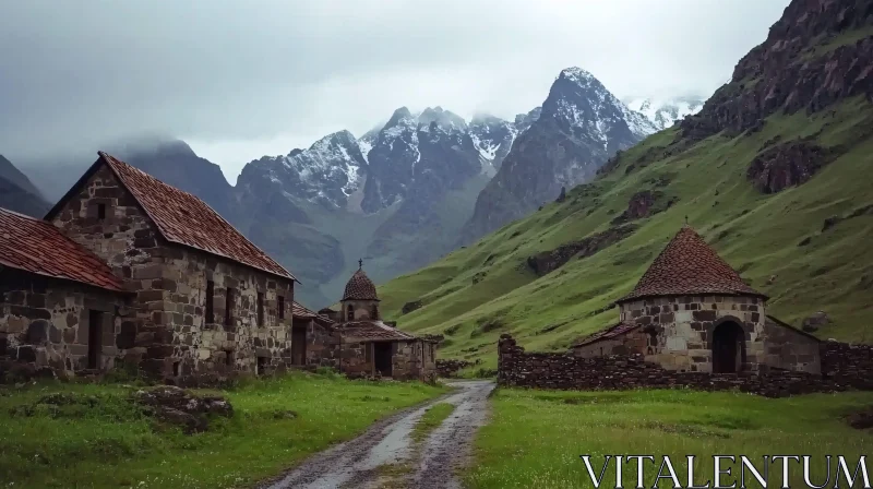 Serene Mountain Valley with Historic Architecture AI Image