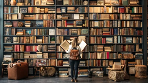 Library of Antique Books with Woman Reading