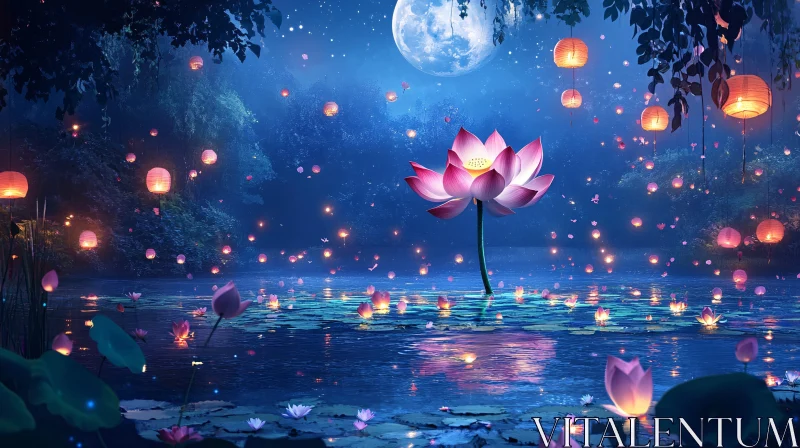 AI ART Moonlit Lotus Flower with Floating Lanterns