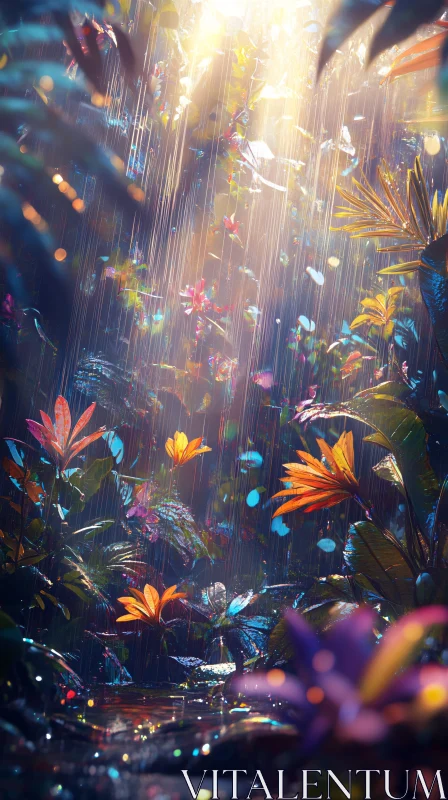 AI ART Mystical Rainforest Bathed in Sunlight and Water Droplets