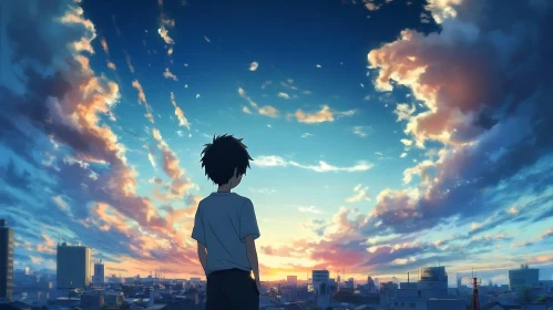 Cityscape at Twilight with Anime Silhouette