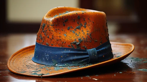 Captivating Hat in Vibrant Orange and Blue | Rusty Debris Texture