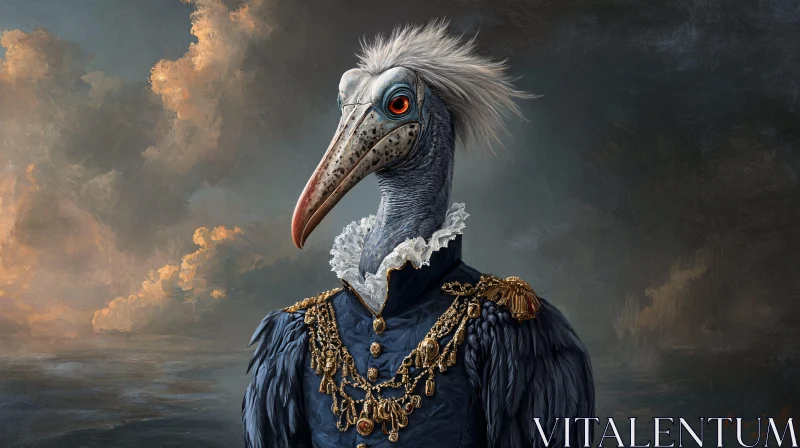 Regal Avian Portrait with Blue Feathers and Gold Chains AI Image