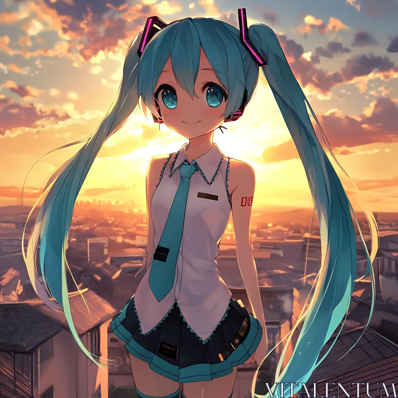 Anime Girl with Blue Hair in Sunset Cityscape AI Image