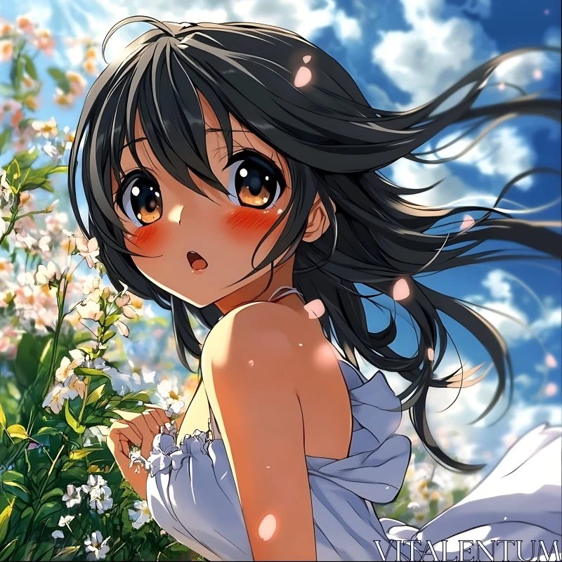 Serene Anime Girl in Blossoming Meadow AI Image