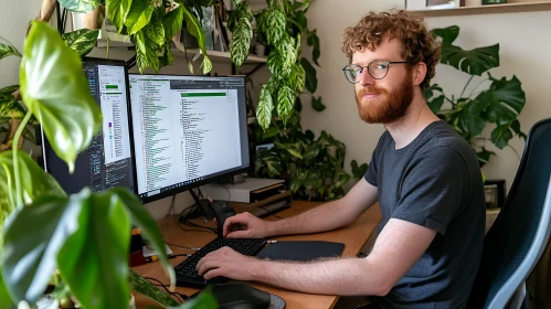 Indoor Workspace with Man and Greenery