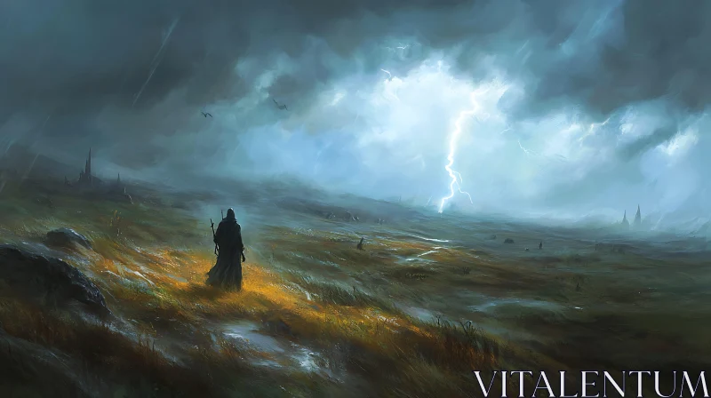 Stormy Field with Wanderer and Lightning AI Image