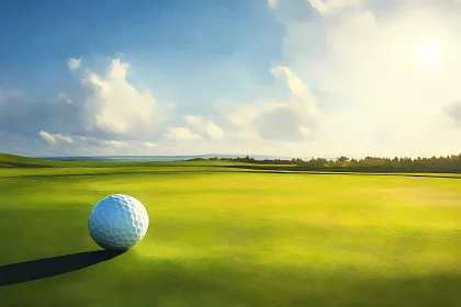 Serene Golf Course Landscape with Golf Ball at Sunrise , AI