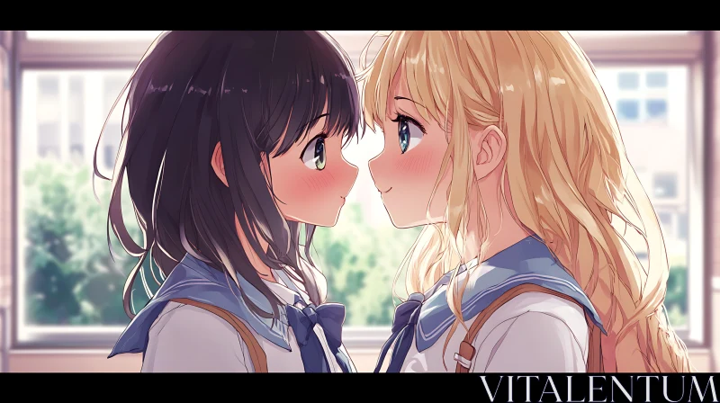 Tender Moment Between Anime Schoolgirls AI Image