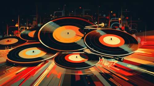 Vintage Vinyl Records in Abstract Atmospheric Cityscape