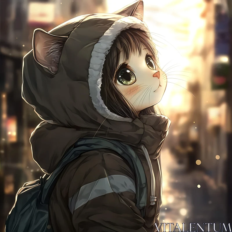 Adorable Anime Cat Girl in Hood AI Image