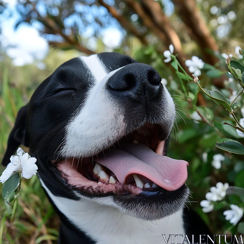 Cheerful Dog Among Flowers Close-Up AI Image