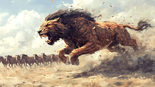 Fierce Lion Hunting Horses