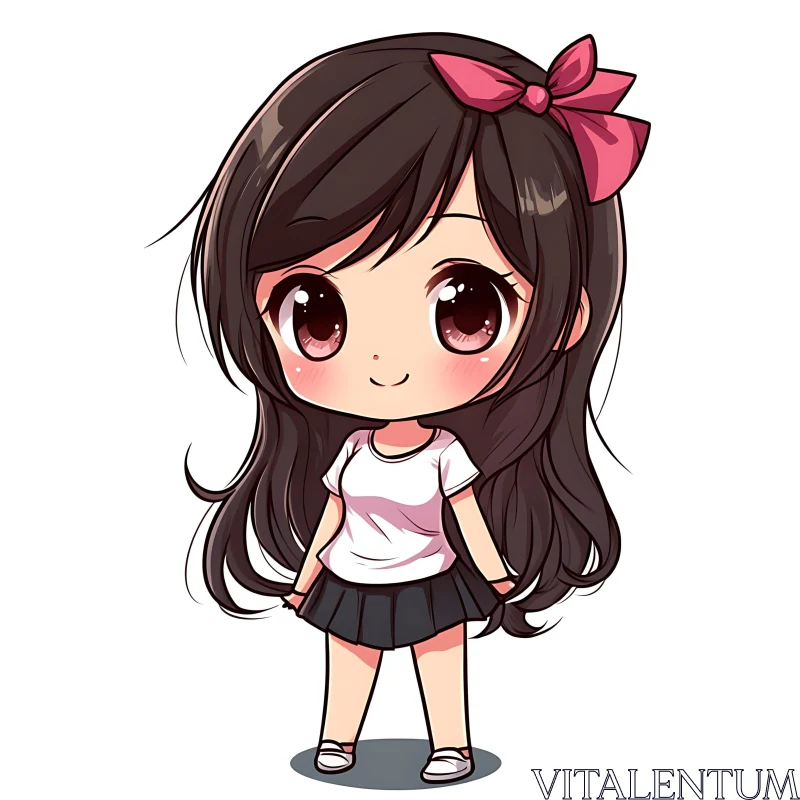 Cute Chibi Girl with Pink Bow and Dark Hair AI Image