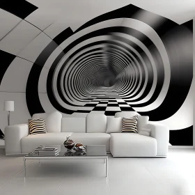 Contemporary Minimalist Living Room with Swirling Tunnel Illusion