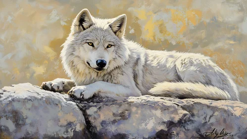 White Wolf on Rocks Painting