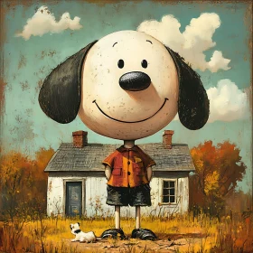 Adorable Cartoon Dog with Rustic House and Nature