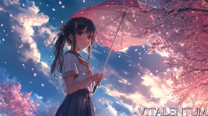 Springtime Anime Girl with Cherry Blossoms AI Image