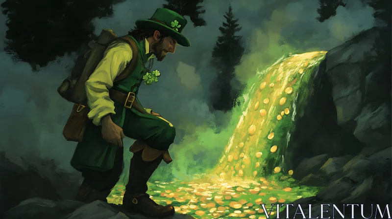 Irish Folklore: Leprechaun and Golden Waterfall AI Image