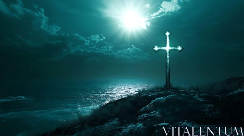 Coastal Cross at Night AI Image