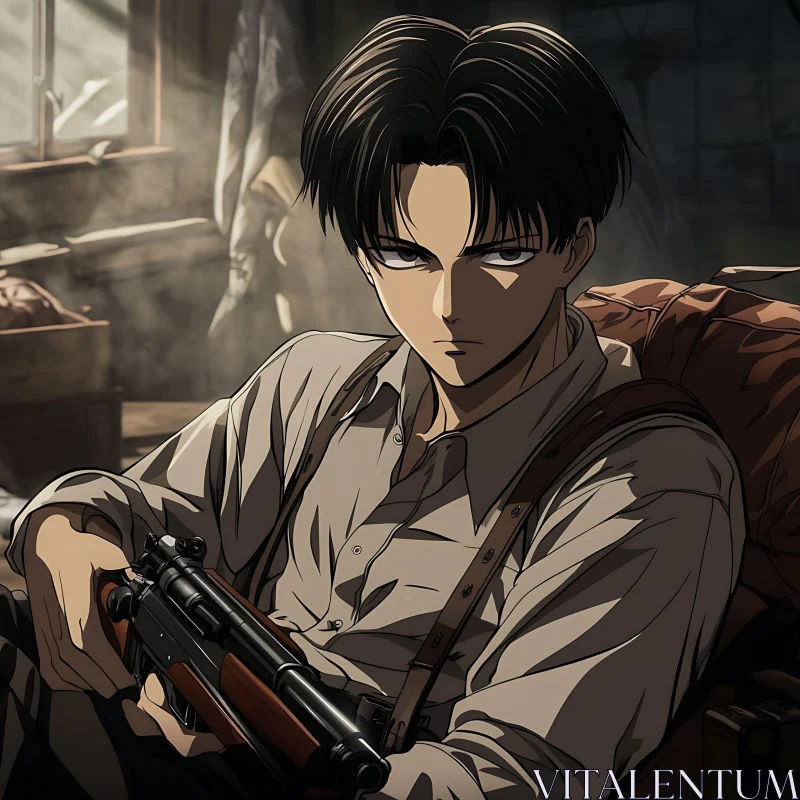 Intense Anime Portrait with Rifle AI Image