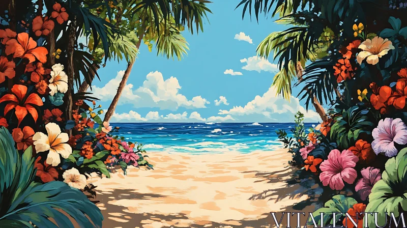 AI ART Paradise Beach with Colorful Flowers Painting