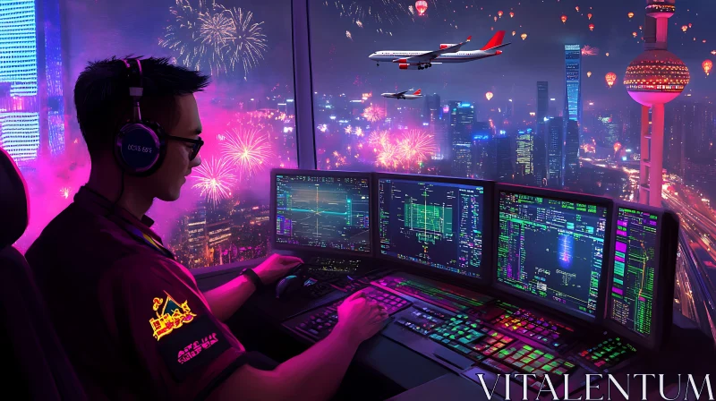 City Lights Air Traffic Controller View AI Image