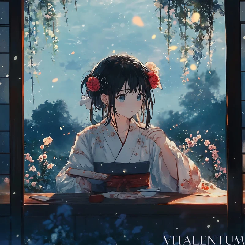 Contemplative Anime Girl in Kimono AI Image