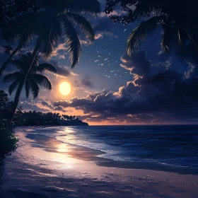 Moonlit Seascape with Palm Trees
