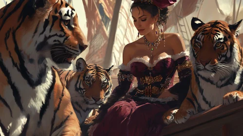 Elegant Woman and Royal Tigers Art