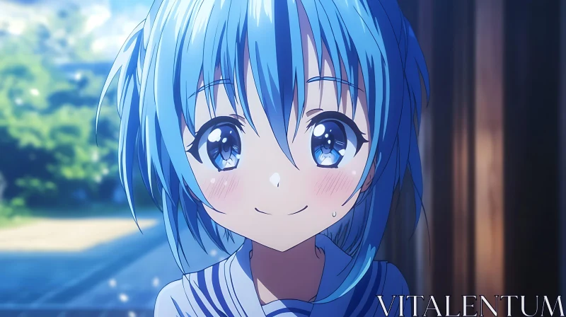 Blue-Haired Anime Character in Sailor-Style Outfit AI Image