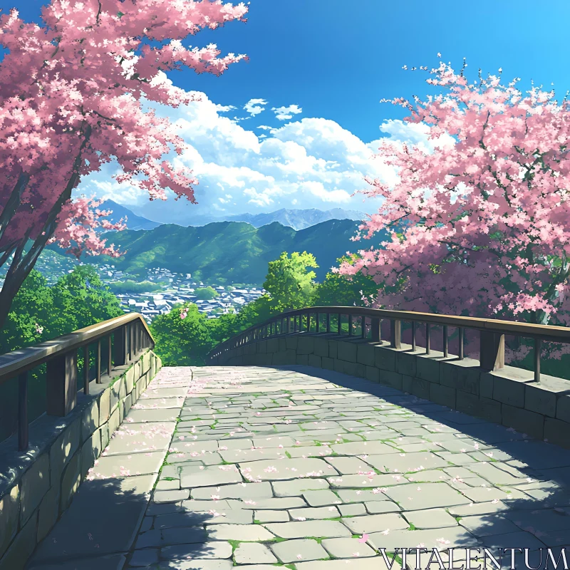 Tranquil Stone Bridge with Blossoming Trees AI Image