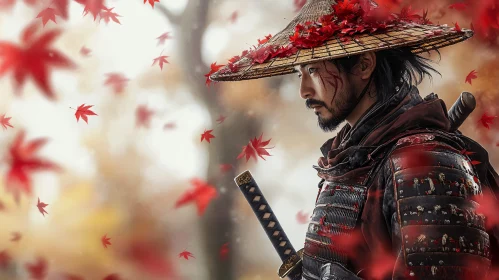 Autumn Samurai Portrait with Red Leaves